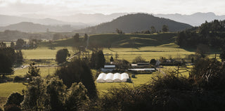 Kiwi Spirit Distillery from above, rolling green hills and mountains frame the distillery buildings