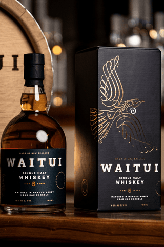 Waitui New Zealand Whiskey Bottle and Case with barrel